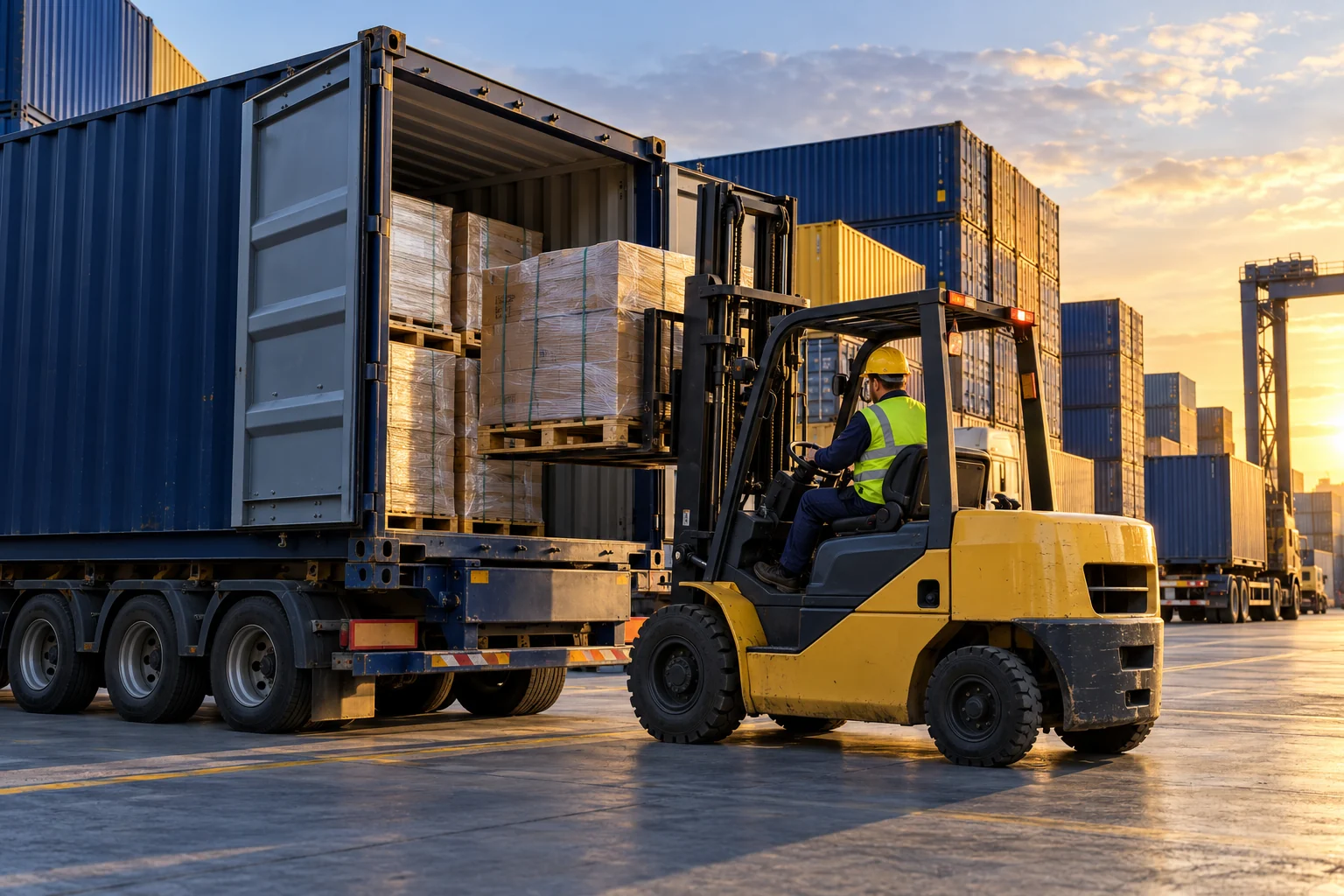 Forklift unloading shipping container