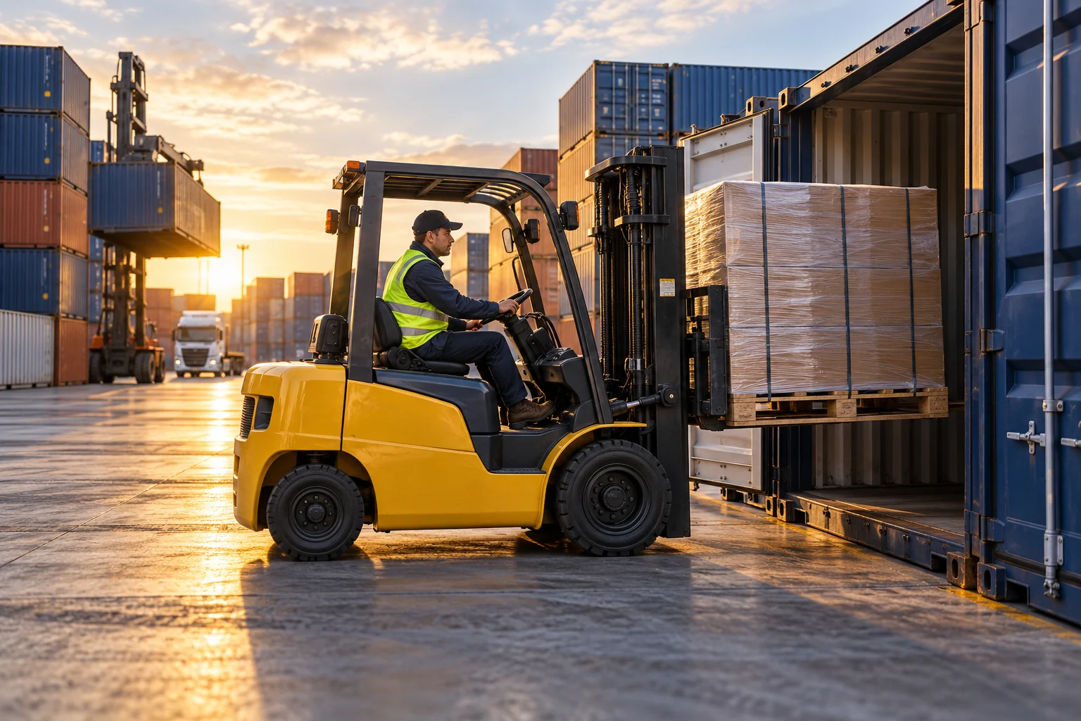 Forklift operator moving containers