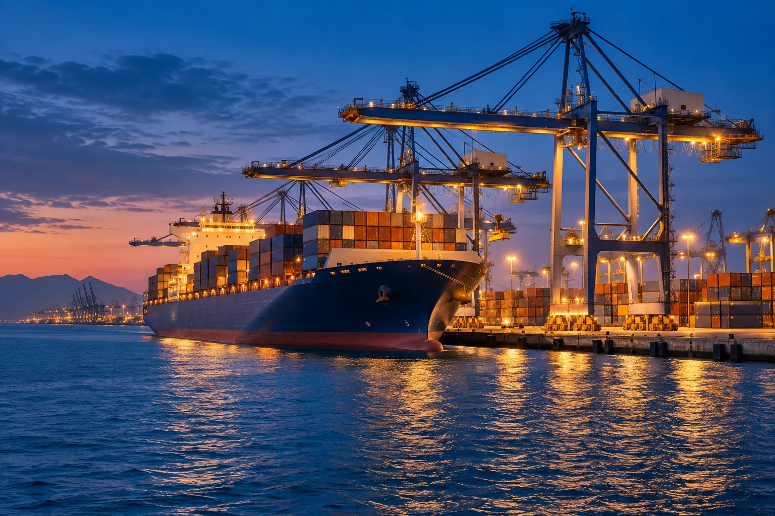 Container ship loading at port
